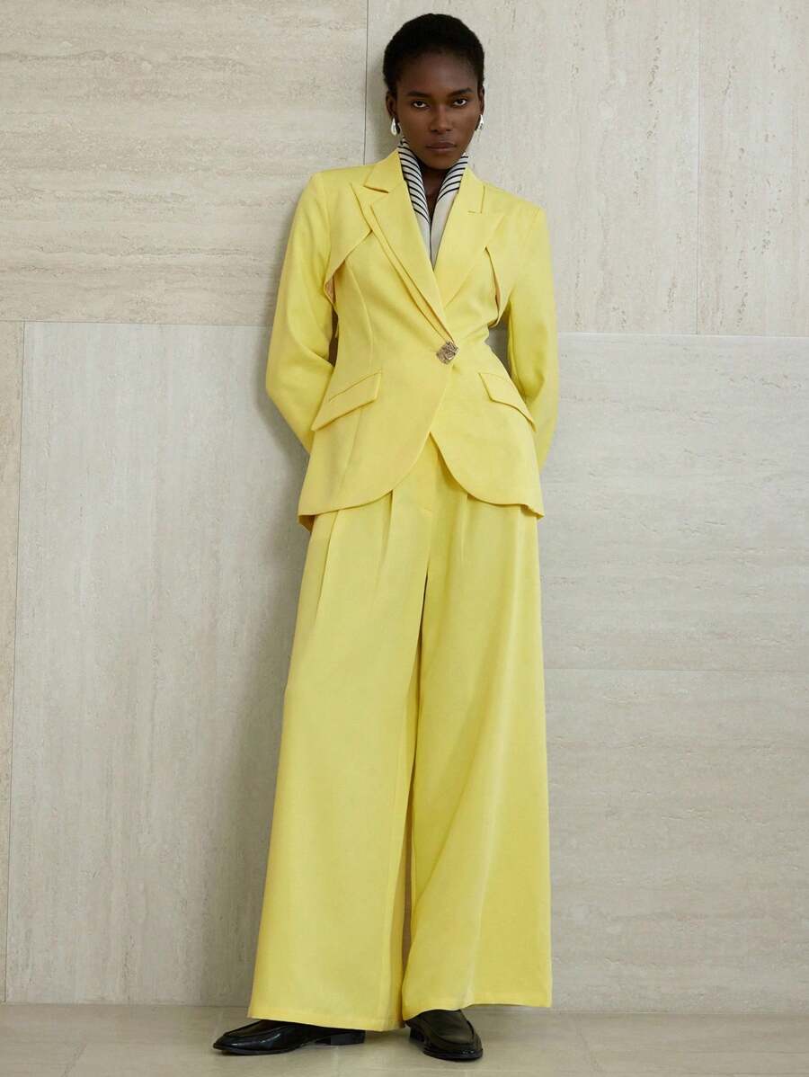 Aveloria Modichic Professional Officer Style Asymmetrical Asymmetric Metal Buttonhole Lapel Backless Double-Layer Blazer And Wide Leg Suit Pants Set Fall Cloth For Women