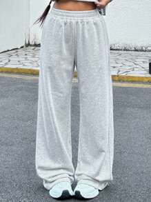 Tween Girl Solid Light Grey Causel Sports Knit Loose Wide Leg Baggy Sweatpants, For Casual Daily Wear Wide Leg Sweatpants Grey Sweatpants Comfy Pants Fall Winter