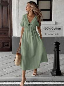 SHEIN LUNE Robe mi-longue à manches courtes casual avec nœud, couleur abricot, pour femmes