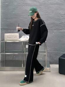 SHEIN 少女撞色针织宽松卫衣和阔腿裤两件套，开衩设计，休闲街头风开学装 - 黑色 - 查看 5
