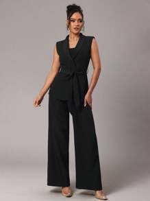 Silquee Chaleco sin mangas de oficina o para ir al trabajo, de unicolor simple, con cuello redondo y cinturón para mujer - Negro - Ver 10