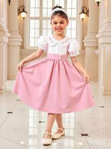 年轻女孩优雅公主学院风格撞色边刺绣彼得潘领泡泡袖二合一方领高低连衣裙，适合夏季、学校、返校、派对、表演、家庭聚会、度假、夏季、旅行 - 彩色 - 查看 1