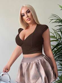 SHEIN SXY Plus Size Women's Basic Solid Color Deep V Neck Sexy Slim Fit Short Tee Shirt, Suitable For Everyday Wear, Western Wear, Cruise Attire, Music Festival, Concert, Carnival Party, Beach Vacation, Date Night, Birthday, Bachelorette Party, Club, Cute, Casual, Shopping, Streetwear, Going Out, Easy To Match & Looks Slim, Accent Your Body, Flatter The Figure, Brown Top, Cleavage Top, Chocolate Brown Top,Going Out Tops