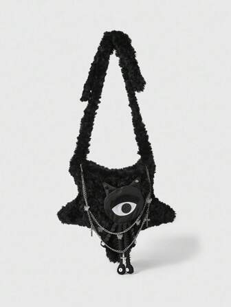 Grunge Punk Halloween Gothic Star Plush Crossbody Bag With Cross Chain And Cyclops Pattern, Y2K Punk Style Fuzzy Shoulder Bag For Women, Autumn/Winter, Halloween Bags Perfect For Fancy Party Matching With Halloween Costumes
