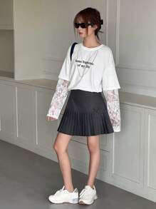 Dazy Kids 少女百褶迷你裙，宽松休闲校服，秋季款 - 藏蓝色 - 查看 4