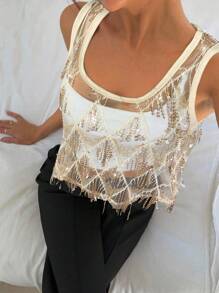 Siren Gaze Women Sheer Sequins Decor Tank Top, For Party Summer - Apricot - View 1