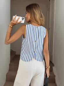 Easowa Casual Women Striped Sleeveless Cropped Top With Back Slit Old Money Style - Blue and White - View 1