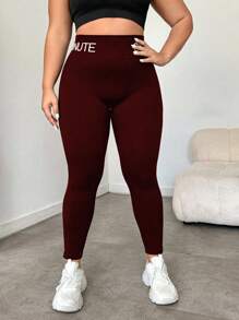 Slayform Women's Plus Size Burgundy Skinny High-Waist Leggings With Letter Detail For Workouts Tummy Control Leggings Plus Size Gym Leggings High Waist Compression Leggings Workout Leggings For Women Gym Leggings Plus Size Tummy Control Yoga Pants - Burgundy - View 6