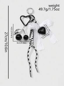 ROMWE Kawaii 1pc Delicate Gothic Style Black Resin Cherry, White Mesh Bow Braided Cord Acrylic Heart DIY Keychain, Phone Charm, Bag Decor, Suitable For Women, Girls, Daily Wear Or Gifts