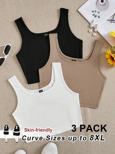 SHEIN CURVE+ Curves Plus Size/Chool Clothes/Back To School Clothes /Back To School3pcs Plus Size Women's Casual Round Neck Camisoles 3 Packs Crop Tops Tank Tops Pack Crop Tops Women Women Crop Tops Plus Size Crop Tops