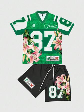 Street Life Set de 2 piezas para hombre con parte superior de manga corta con cuello en V con estampado floral y digital, y shorts