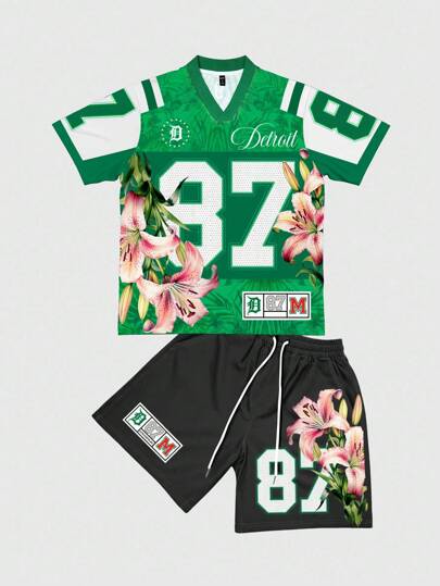 Prep 2pcs/Set Men Floral & Digit Print V-Neck Short Sleeve Jersey Top And Shorts Set