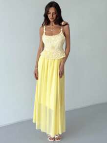 Aloruh New Summer Elegant Fairy-Like Vintage Lace Mesh Floral Patchwork Slip Dress With Waisted Design, Flowy A-Line Green Dress, Butter Yellow, Boho - Green - View 5