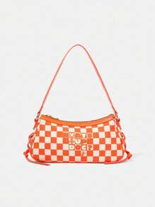 LOONEY TUNES X SHEIN Túi đeo vai buộc dây họa tiết caro thời trang đơn giản cá tính, thích hợp đi học, mua sắm, mặc hàng ngày, phong cách Y2K - trái cam - Xem 4