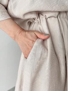 FRIFUL 女士波西米亚风休闲宽松纯色连体裤，短袖夏季抽绳连衣裙，前系带宽松连衣裙，米色连衣裙，V领连衣裙 - 杏色 - 查看 7