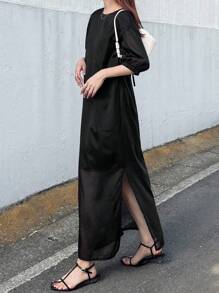 FRIFUL 女士圆领蝴蝶结露背宽松休闲长裙