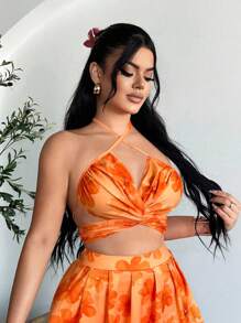 SHEIN SXY 2件套女士吊带比基尼上衣和迷你裙套装 - 橘色 - 查看 3