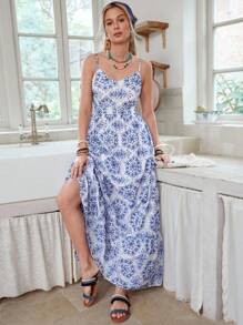 LanaWest 女士休闲镂空刺绣吊带拼布下摆修身连衣裙 - 藍白色 - 查看 4