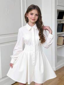 SHEIN Tween Mädchen Lässig Schule/Pendler Mode Tailliertes Plissee Taille Ausgestellter Kragen Knopfleiste Langarm Webkleid in Weiß, Rückkehr zur Schule Kleid - Weiss - Übersicht 8