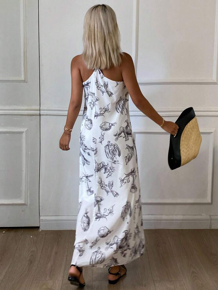 Floral Print Halter Twist Back Sleeveless Casual Vacation A-Line Dress For Women Boho