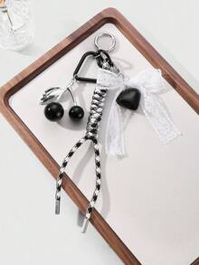 ROMWE Kawaii 1pc Delicate Gothic Style Black Resin Cherry, White Mesh Bow Braided Cord Acrylic Heart DIY Keychain, Phone Charm, Bag Decor, Suitable For Women, Girls, Daily Wear Or Gifts