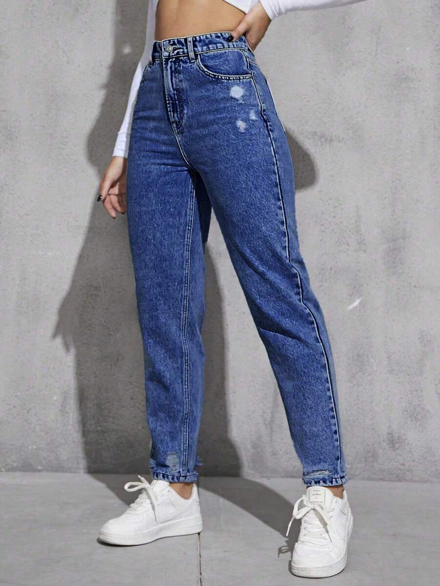 SHEIN Cottnline Women's Light Wash Ripped Tapered Casual Jeans - Medium Wash - View 1