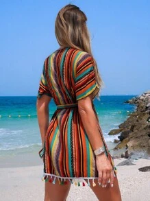 Swim Vcay Kimono họa tiết chắp vá cổ áo tua rua trang trí cho kỳ nghỉ bãi biển mùa hè của phụ nữ - Nhiều màu - Xem 2