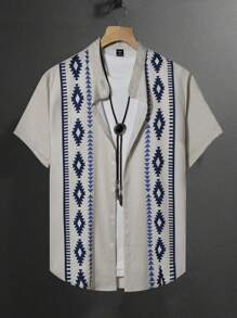 Manfinity CasualCool 男士图案印花单排扣休闲短袖衬衫 男士时尚衬衫 男士服装 男士衬衫 - 彩色 - 查看 3