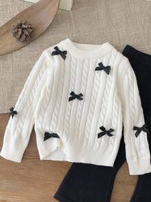 SHEIN Cute Baby Girl Bow Long Sleeve Sweater & Elastic Waist Pants Sets, Casual & Versatile, Autumn/Winter Baby Girl Sweater Set Two Piece Winter Outfits For Toddler Girl Knit Two Piece Toddler Bow Baby Girl Outfit Toddler Girl Knit Set - Multicolor - View 4