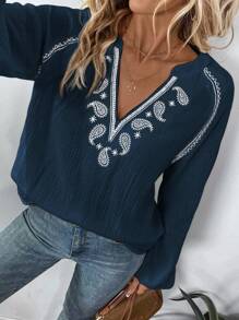 SHEIN LUNE Paisley Contrast Embroidered Drop Shoulder Bohemian Style White Blouse, Long Sleeve