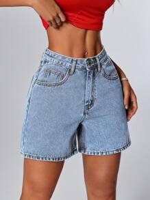 SHEIN PETITE Short de mezclilla lavado informal y minimalista para mujeres - Lavado ligero - Ver 4