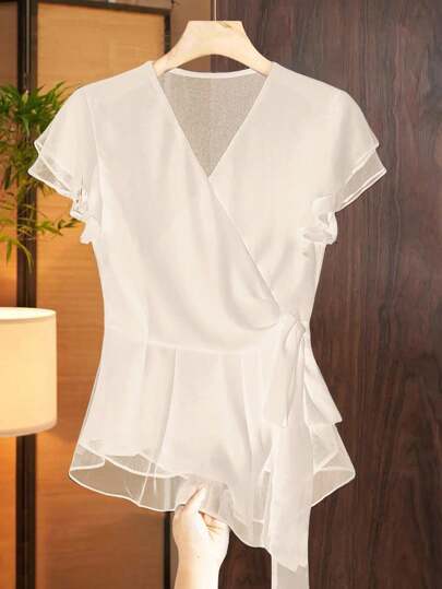 Franclia V-Neck Ruffle Strap Waist Cap Sleeve Chiffon Blouse
