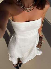 INAWLY 女士时尚休闲性感浪漫简约纯色长裙 - 白色 - 查看 3