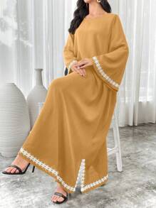 Al Najma 女式拼布缎带喇叭袖长款宽松土耳其长裙、卡夫坦长袍和贾拉比亚长袍 - 黃色 - 查看 8