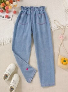 SHEIN Y2K 风格水洗浅色休闲宽松心形刺绣腰带阔腿牛仔裤，适合青少年女孩，简约百搭，适合日常穿着 - 淺色水洗藍 - 查看 2