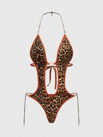 J-Fashion Women's Y2K Retro Leopard Print Metallic Foil One-Piece Sexy Bodysuit