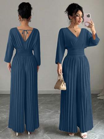 Rafferiza Women's Casual Solid Color Waist Drawcord Jumpsuit With Long Sleeves