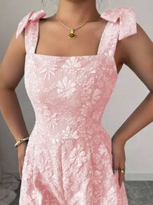 Elenzga Bộ đồ liền thân vải có họa tiết nơ không tay, cổ thắt nơ cho lễ hội âm nhạc dành cho nữ - Hồng - Xem 6