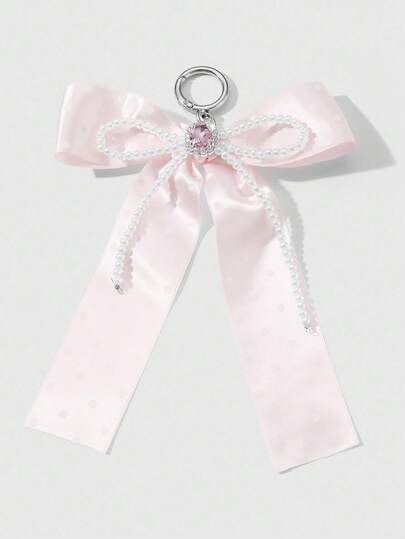 Kawaii 1pc Handmade Delicate Cute Girl Simple High Quality High-End White Faux Pearl Crystal Pink Polka Dot Ribbon Bow Keychain Bag Pendant, Suitable For Women Girls Daily Wear, Festival Gift