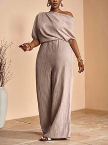 Veslaya Nouveau printemps/été Élégant Tenue de soirée & Rendez-vous & Remise des diplômes Pantalon kaki ajusté à une épaule plissé avec décoration d'épaule oblique extra-large et jambes larges, Tissu texturé tissé, Grandes tailles Femmes, Robe de bal - Kaki - Voir 5