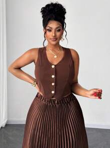 Maweii Conjunto de 2 piezas con chaleco sin mangas de diseño plisado elegante y falda, diseño versátil para mujer talla grande, nuevo para primavera/verano 2025 - Multicolor - Ver 2