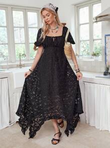 LanaWest Women's Casual Square Neck Drawstring Lantern Sleeve Sheer Asymmetrical Hem Dress - Black - View 5