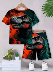 Set de 2 camisetas deportivas informales con bloqueo de colores y gráfico de dinosaurio cómodas para niños preadolescentes, apropiadas para el estilo callejero en verano
