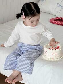DAZY 女童休闲圆领T恤和条纹宽松裤家居服套装 - 藍白色 - 查看 3