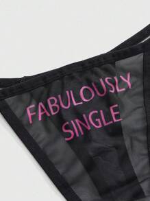 ROMWE Women's Sheer Mesh Letter Print Sexy Thong Panties