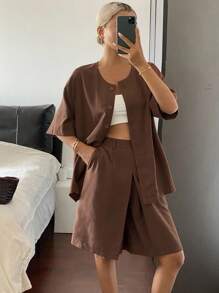 Livesso 2 pièces Ensemble chemise veste décontractée ample de couleur unie à manches courtes et short, style de rue, automne