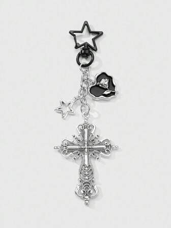 Grunge Punk 1 pieza Llavero/Dije de aleación tono rosa dorado negro con diseños vintage de lujo elegantes de cruz hueca, estrella, gota de aceite, rosa negra, decorativo para mujer, ideal como regalo