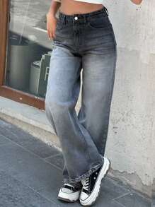 EURMUSE 女士高腰阔腿牛仔裤 休闲日常牛仔裤 - 灰色 - 查看 6