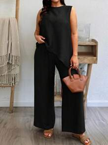 DreamSkyne Ensemble décontracté 2 pièces femme grande taille, top sans manches à ourlet asymétrique unicolore et pantalon - Noir - Voir 3