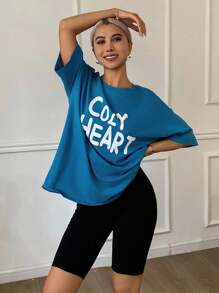 DAZY 2pcs Women Pajamas Set, Loose Short Sleeve Top And Shorts With English Print - Blue - View 7